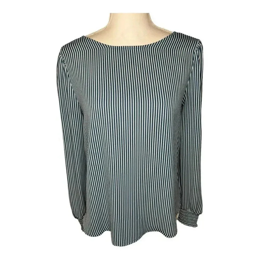 LOFT Outlet Women’s XS Green & White Striped Blouse With Back V-Neck